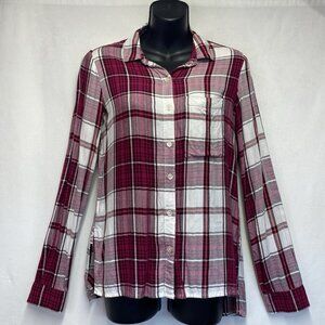 SO Perfect Shirt Relaxed Plaid Long Sleeve Button-Up Shirt Women Small Magenta